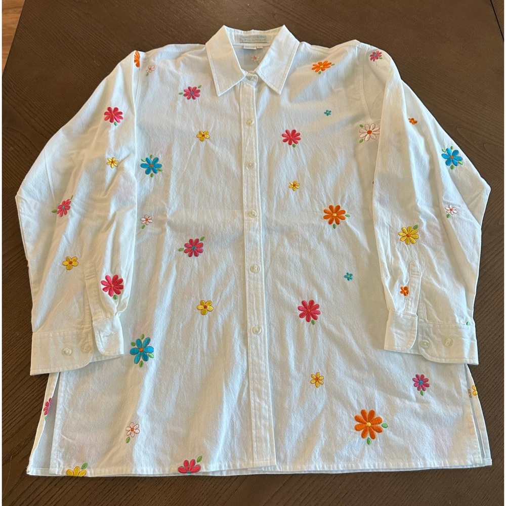 Casey Coleman White Cotton Embroidered Floral Button Down Shirt Large Floral Top